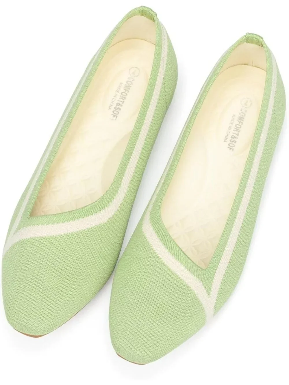 Frank Mully Women's Green Rubber Knitted Square Toe Comfortable Slip On Flats